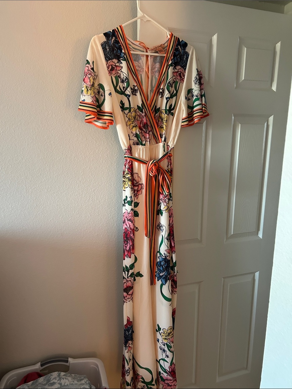 Floral Wrap Look jumpsuit in Ivory with Multicolor flower print